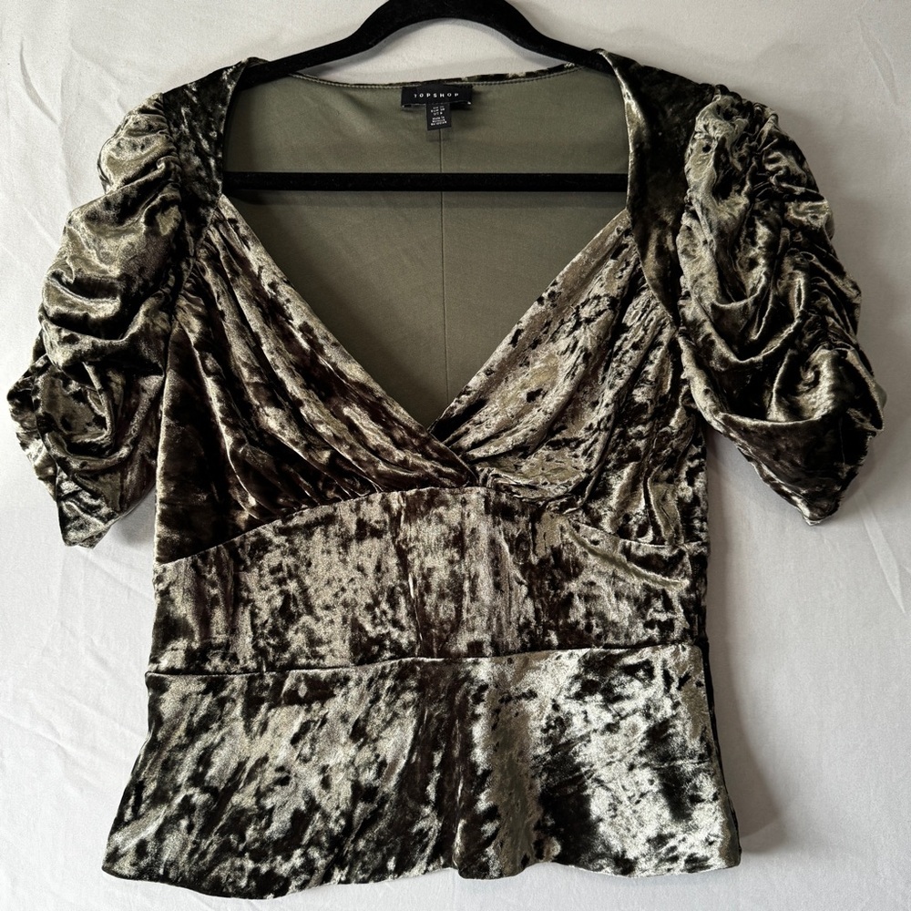 Top Shop Womens Size 6 Velvet Whimsigoth Babydoll Top Olive Green Fairy Grunge